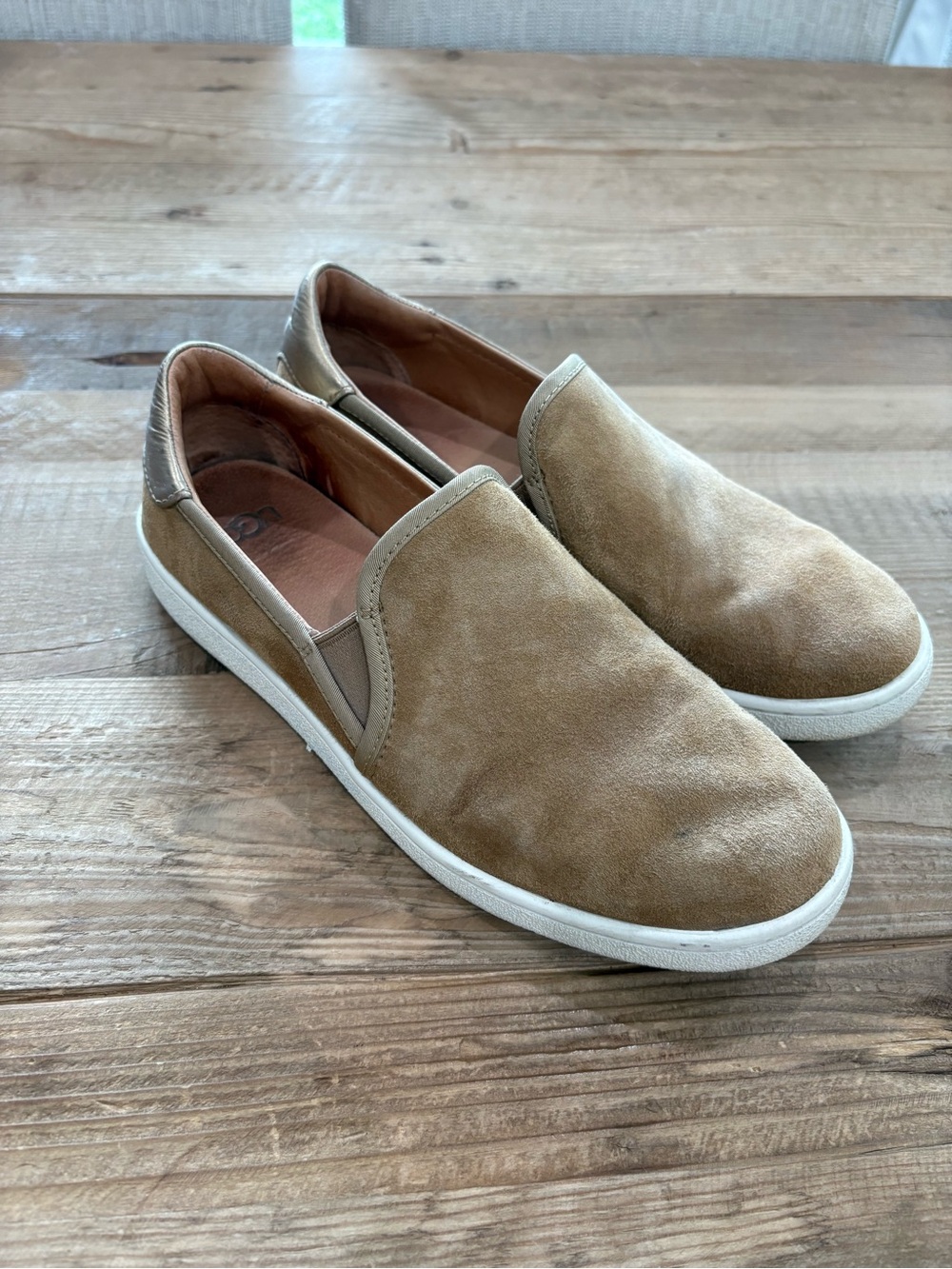 UGG Women’s Slip-On Suede Loafers in Tan and White